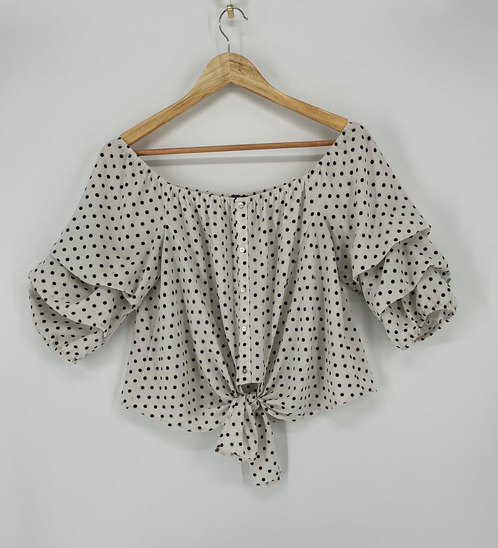 OLM Polka Dot Off Shoulder Tie Front Blouse Women’s M Ruffle Sleeve Retro